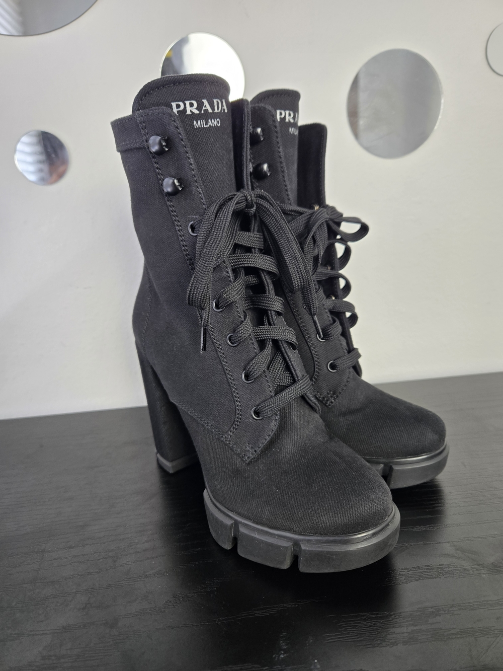 PRADA Milano Lace Up Heeled Combat Chunky Lug Sole Luxury Booties EU 37 US 7